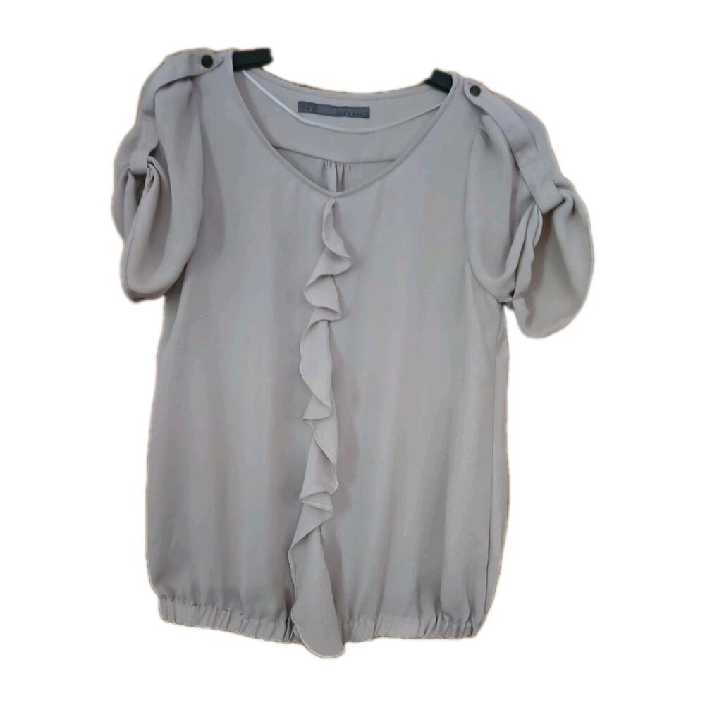 Zara Basic Blouse Top Womens Small BEIGE Short Sleeve Front Ruffle